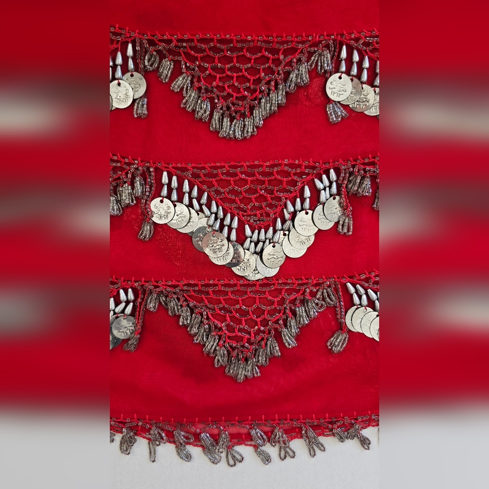 Red and Silver Coins Belly Dancing Wrap L 72 x H 14